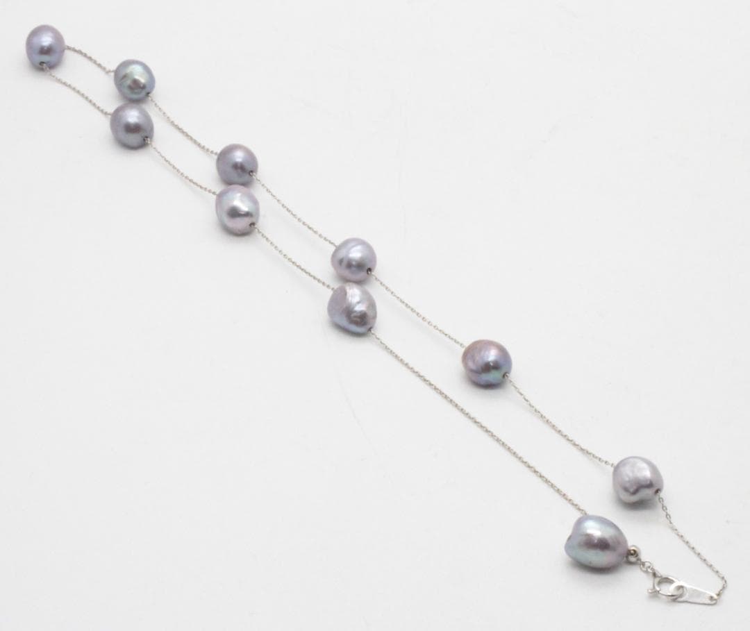 Tasaki Station Baroque Pearl Necklace with cobalt blue pearls and white gold clasp, adjustable length 37-45cm