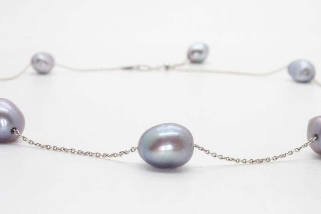 Tasaki Station Baroque Pearl Necklace with cobalt blue pearls and white gold clasp, adjustable length 37-45cm
