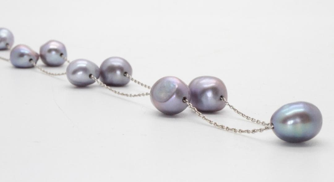 Tasaki Station Baroque Pearl Necklace with cobalt blue pearls and white gold clasp, adjustable length 37-45cm
