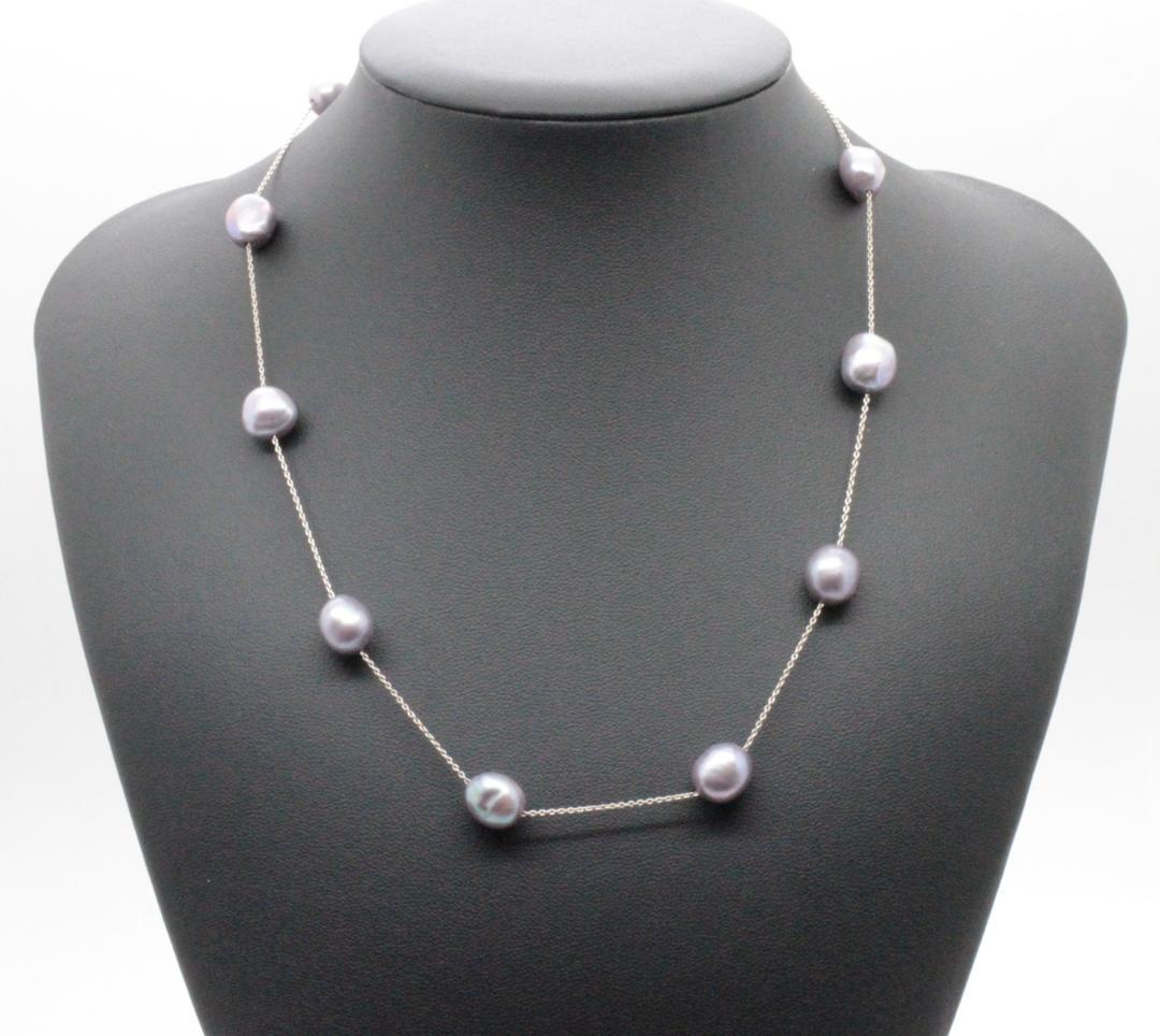 Tasaki Station Baroque Pearl Necklace with cobalt blue pearls and white gold clasp, adjustable length 37-45cm