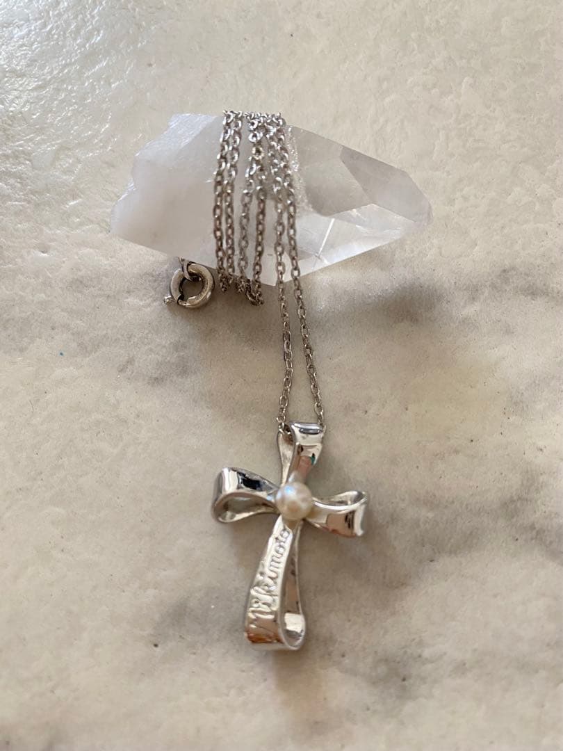Mikimoto pearl necklace with 4-5mm pearls and cross motif pendant on a 39cm chain