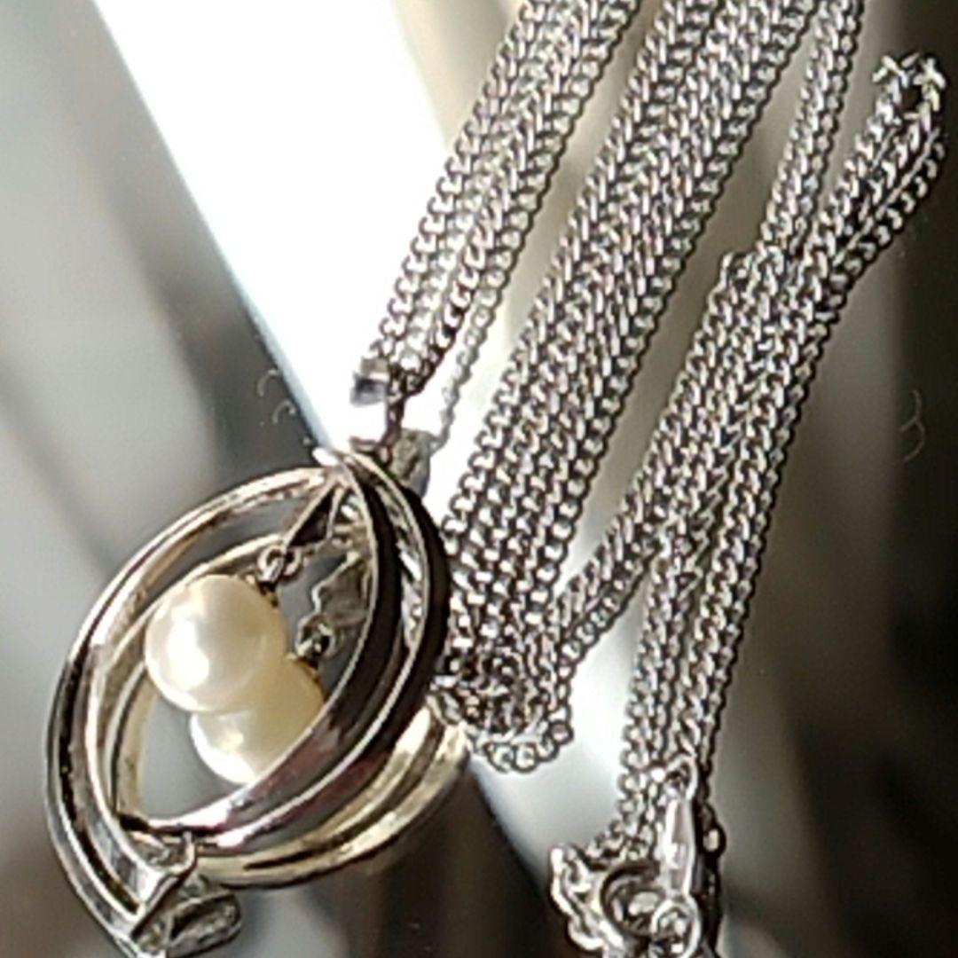 Mikimoto silver open ring with 6.4mm Akoya pearl necklace and 42cm chain displayed on white background