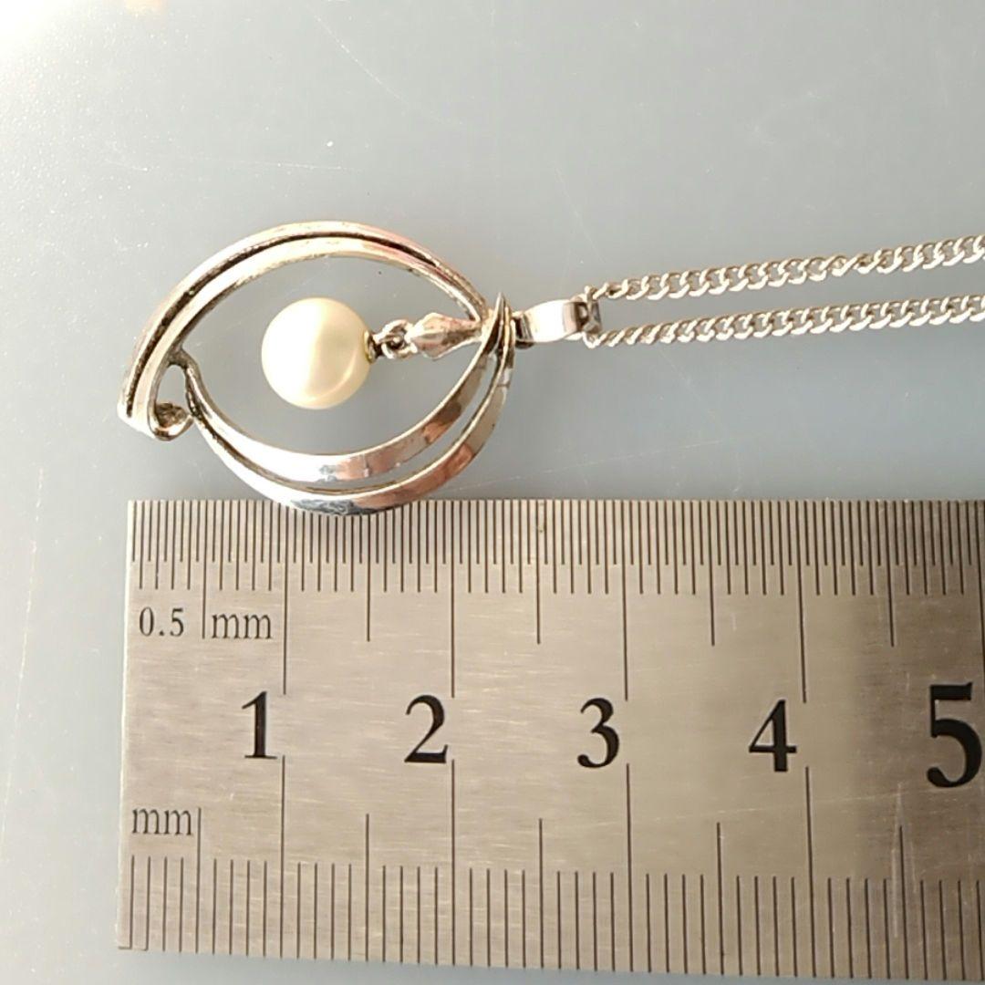 Mikimoto silver open ring with 6.4mm Akoya pearl necklace and 42cm chain displayed on white background