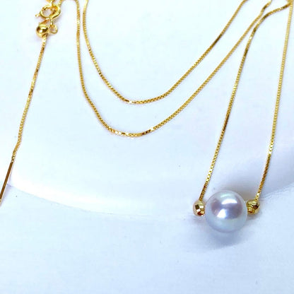 Akoya pearl pendant necklace with 8.1mm round natural blue gray pearl on adjustable 45.5cm chain
