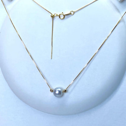 Akoya pearl pendant necklace with 8.1mm round natural blue gray pearl on adjustable 45.5cm chain
