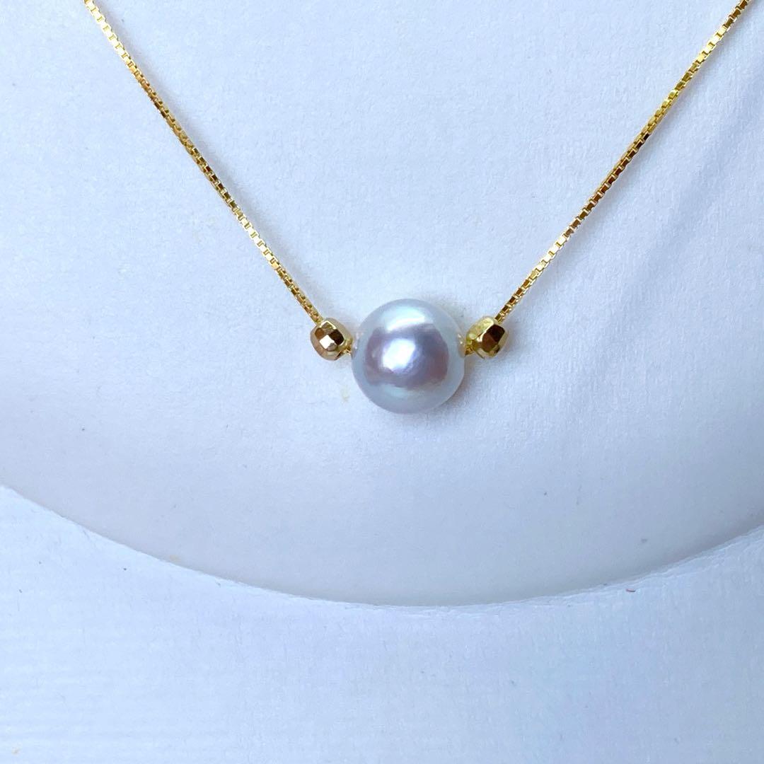 Akoya pearl pendant necklace with 8.1mm round natural blue gray pearl on adjustable 45.5cm chain