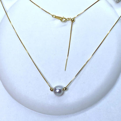 Akoya pearl pendant necklace with 8.1mm round natural blue gray pearl on adjustable 45.5cm chain