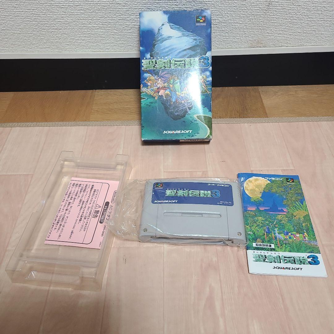 Super Famicom Seiken Densetsu 3 console with box, instruction manual, and plastic case