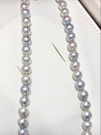 Akoya pearl necklace with light gray semi-round pearls sized 8.0-8.5mm, approximately 39cm long with certification