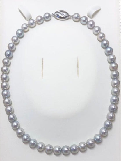 Akoya pearl necklace with light gray semi-round pearls sized 8.0-8.5mm, approximately 39cm long with certification