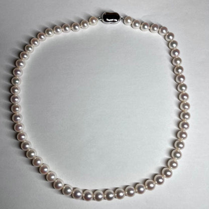 Close-up of Akoya pearl necklace with white pearls showing pink and green interference colors and silver clasp