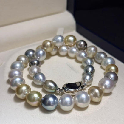 Nan'yō multi-color pearl necklace featuring 9.0-12.5mm pearls on a 43cm sterling silver chain