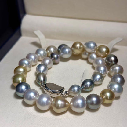 Nan'yō multi-color pearl necklace featuring 9.0-12.5mm pearls on a 43cm sterling silver chain