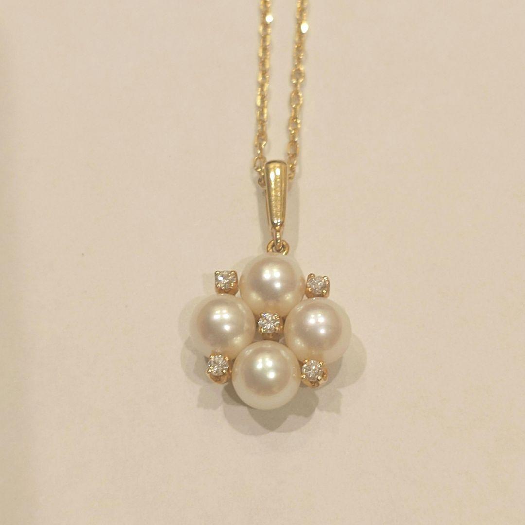 Mikimoto Flower Motif Pearl Diamond Necklace in K18 with approximately 40 cm chain