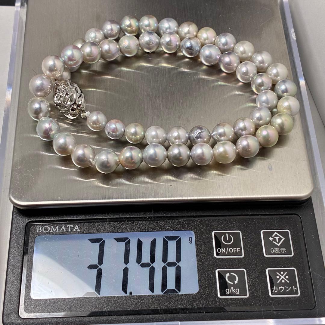 Shining genuine Japan Akoya pearl necklace with blue gray pearls sized 7.3 to 8.0 mm on a 42cm chain