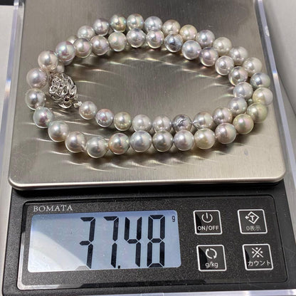Shining genuine Japan Akoya pearl necklace with blue gray pearls sized 7.3 to 8.0 mm on a 42cm chain