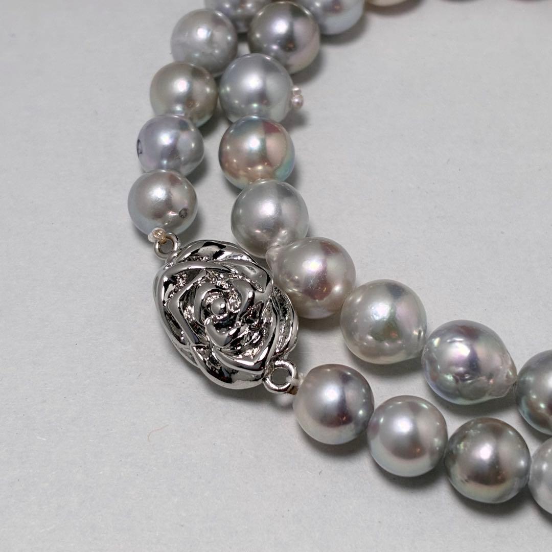 Shining genuine Japan Akoya pearl necklace with blue gray pearls sized 7.3 to 8.0 mm on a 42cm chain
