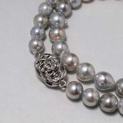 Shining genuine Japan Akoya pearl necklace with blue gray pearls sized 7.3 to 8.0 mm on a 42cm chain