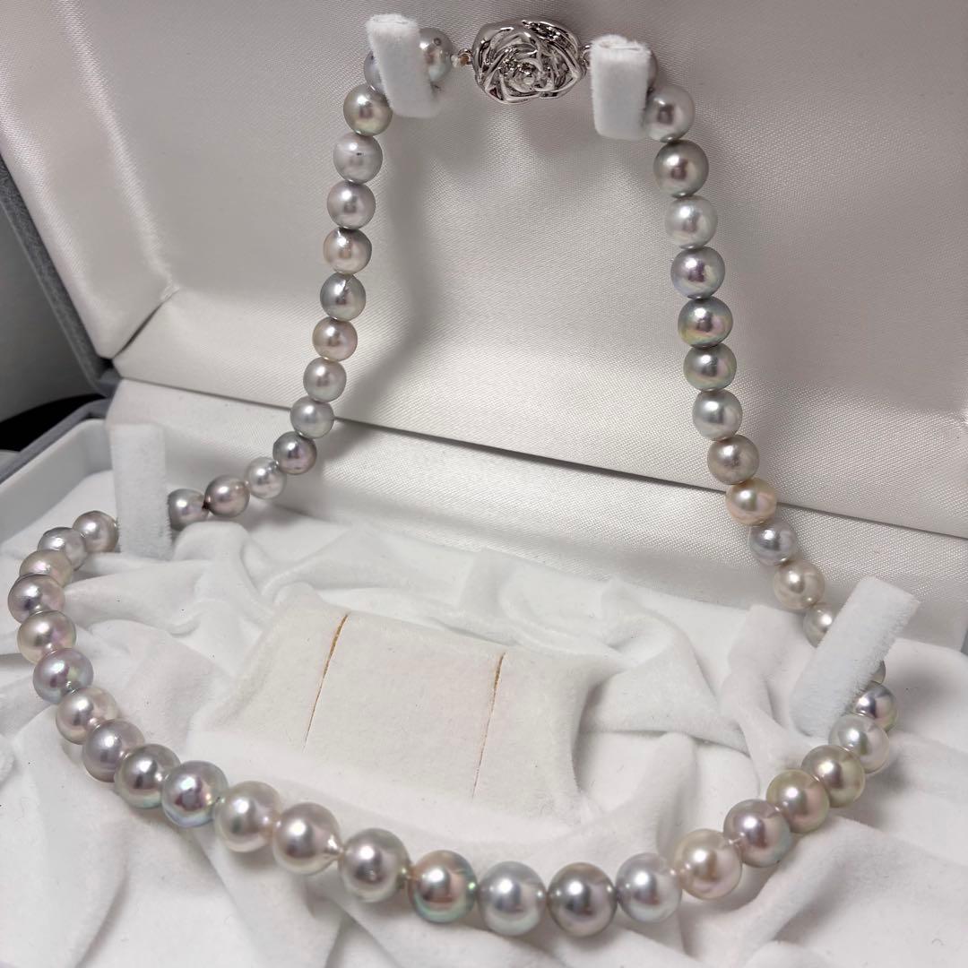 Shining genuine Japan Akoya pearl necklace with blue gray pearls sized 7.3 to 8.0 mm on a 42cm chain