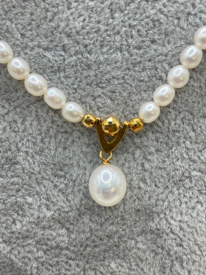 K18 Akoya Pearl Necklace with 7mm baby pearls and pearl mirror ball pendant, 40cm length
