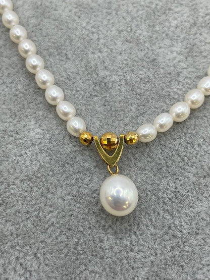 K18 Akoya Pearl Necklace with 7mm baby pearls and pearl mirror ball pendant, 40cm length