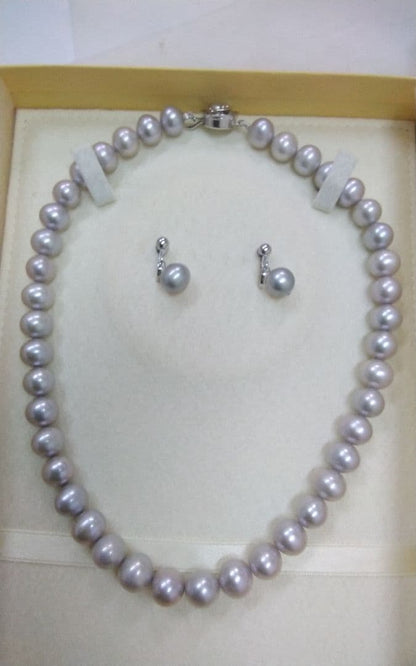 Akwoy large 11mm real pearl necklace with silver clasp and matching dangling pearl earrings