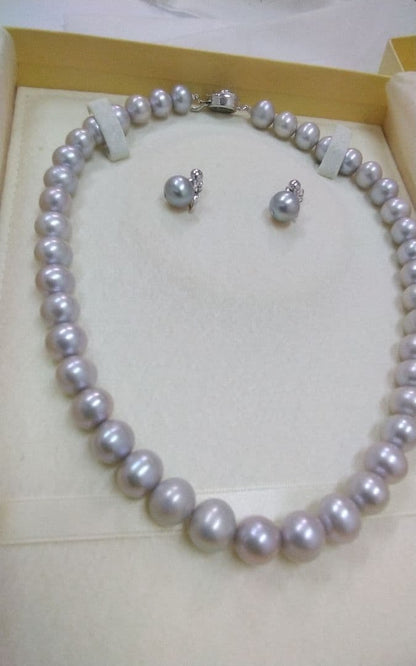 Akwoy large 11mm real pearl necklace with silver clasp and matching dangling pearl earrings