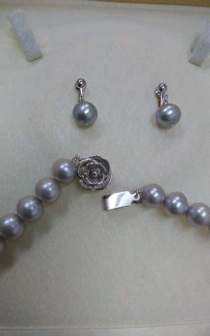 Akwoy large 11mm real pearl necklace with silver clasp and matching dangling pearl earrings