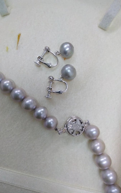 Akwoy large 11mm real pearl necklace with silver clasp and matching dangling pearl earrings
