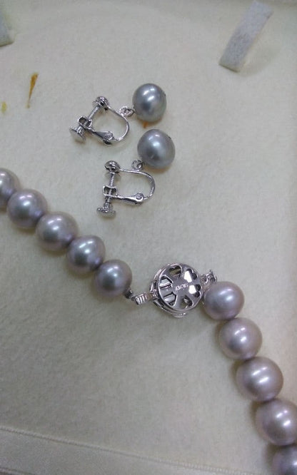 Akwoy large 11mm real pearl necklace with silver clasp and matching dangling pearl earrings