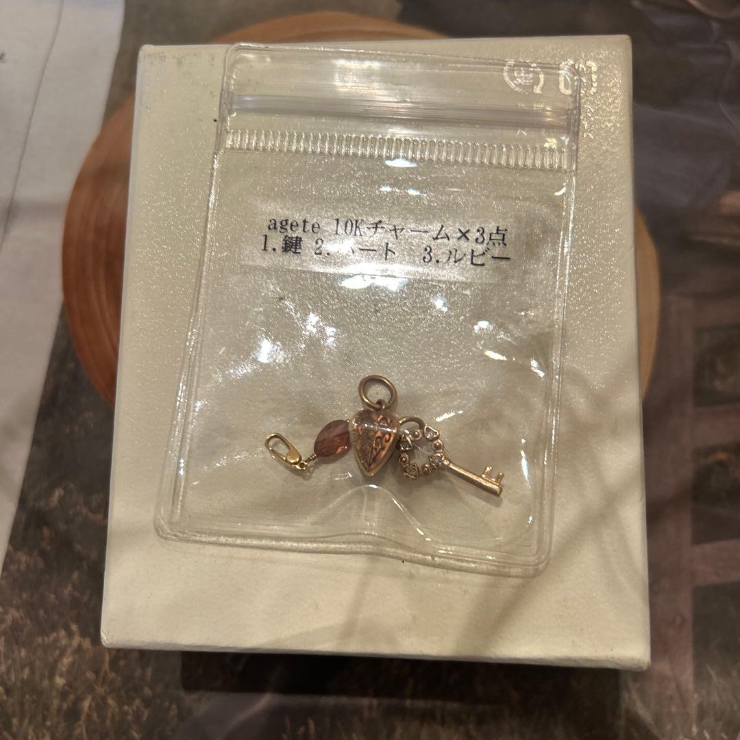 Agete 10K gold heart and key charms 3-piece set with diamond and ruby accents in gold color