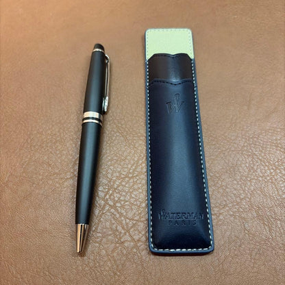 WATERMAN Expert Matte Black ballpoint pen with metal body and leather grip shown with included case