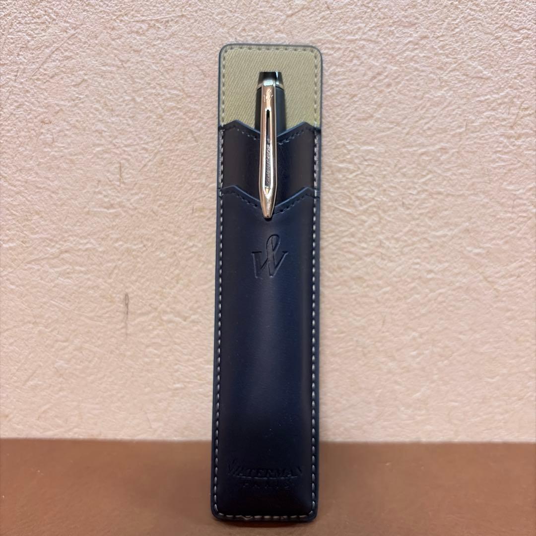 WATERMAN Expert Matte Black ballpoint pen with metal body and leather grip shown with included case