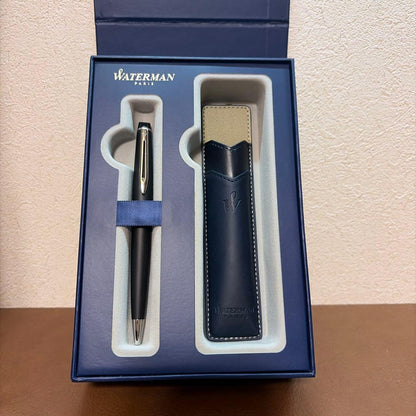 WATERMAN Expert Matte Black ballpoint pen with metal body and leather grip shown with included case