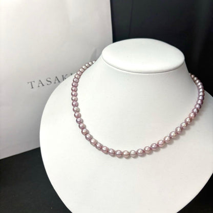 Tasaki genuine lavender pearl necklace with 6.1-6.3mm pearls and silver clasp, 43 cm length