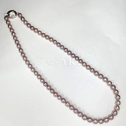 Tasaki genuine lavender pearl necklace with 6.1-6.3mm pearls and silver clasp, 43 cm length