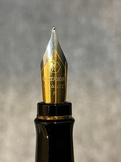Waterman Expert black fountain pen with fine nib made of plastic and metal, includes ink cartridge