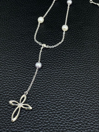 Tasaki Pearl Y-shape Cross Necklace in silver and white with a 41 cm chain on a white background