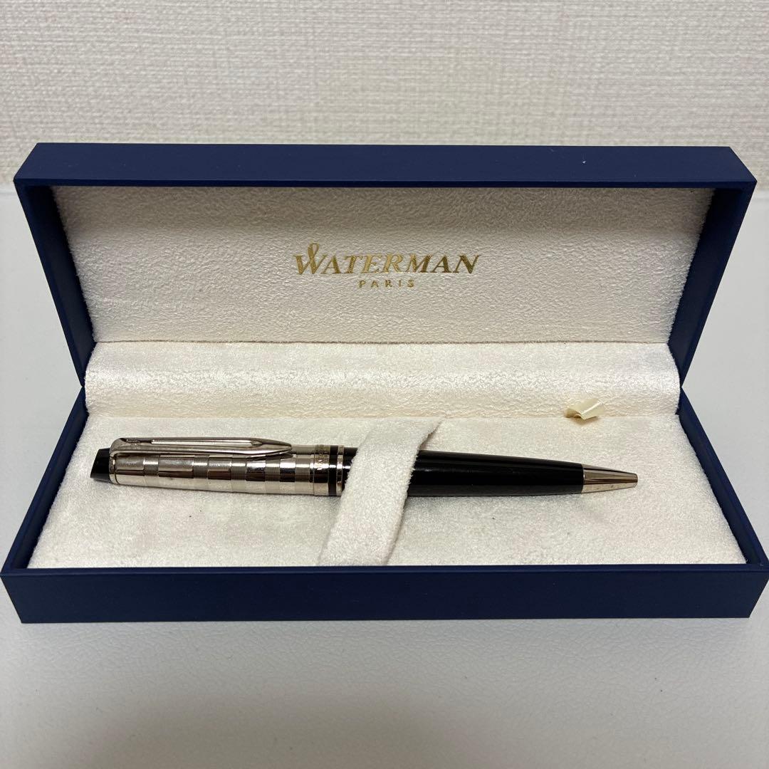 Waterman ballpoint pen in black and silver with metallic finish alongside its dedicated case