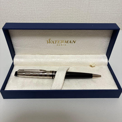 Waterman ballpoint pen in black and silver with metallic finish alongside its dedicated case