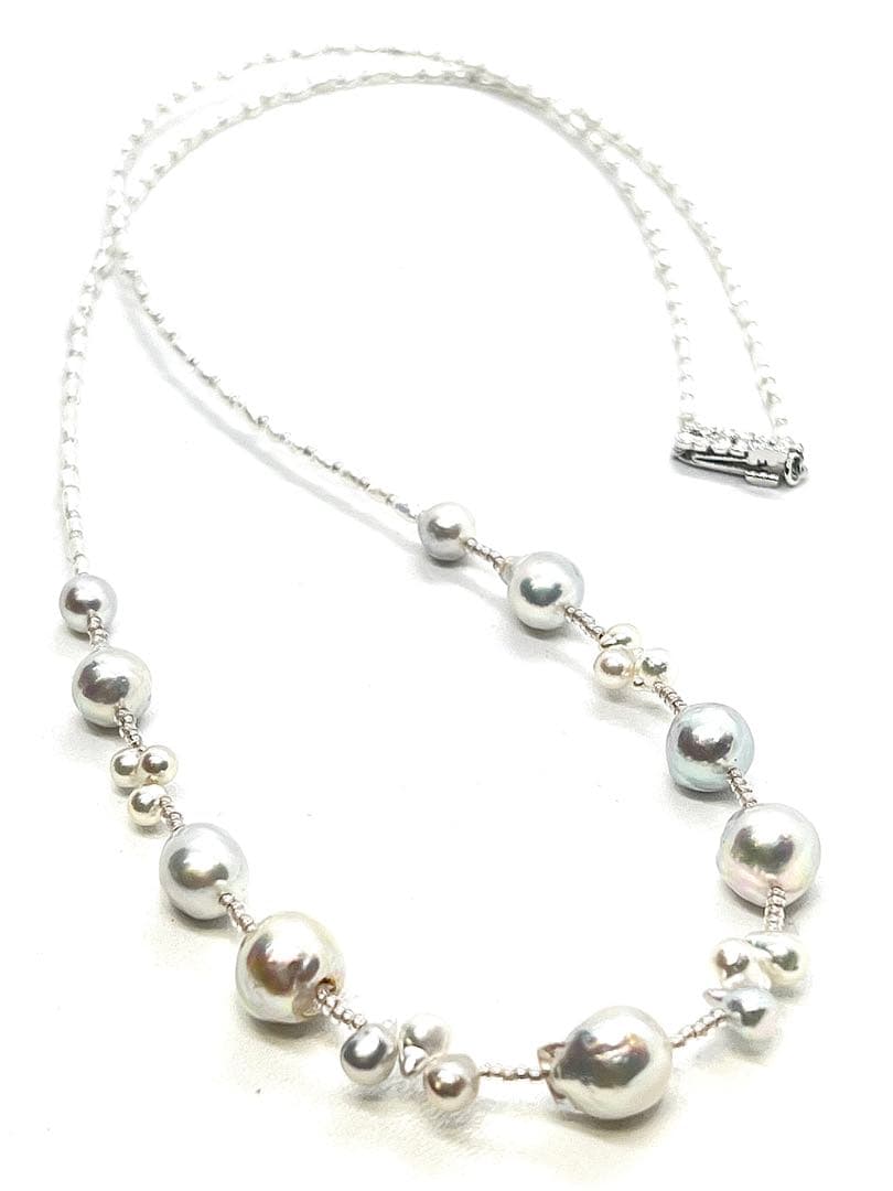 61cm Arare Akoya pearl necklace with natural blue and white Keshi pearls and silver clasp