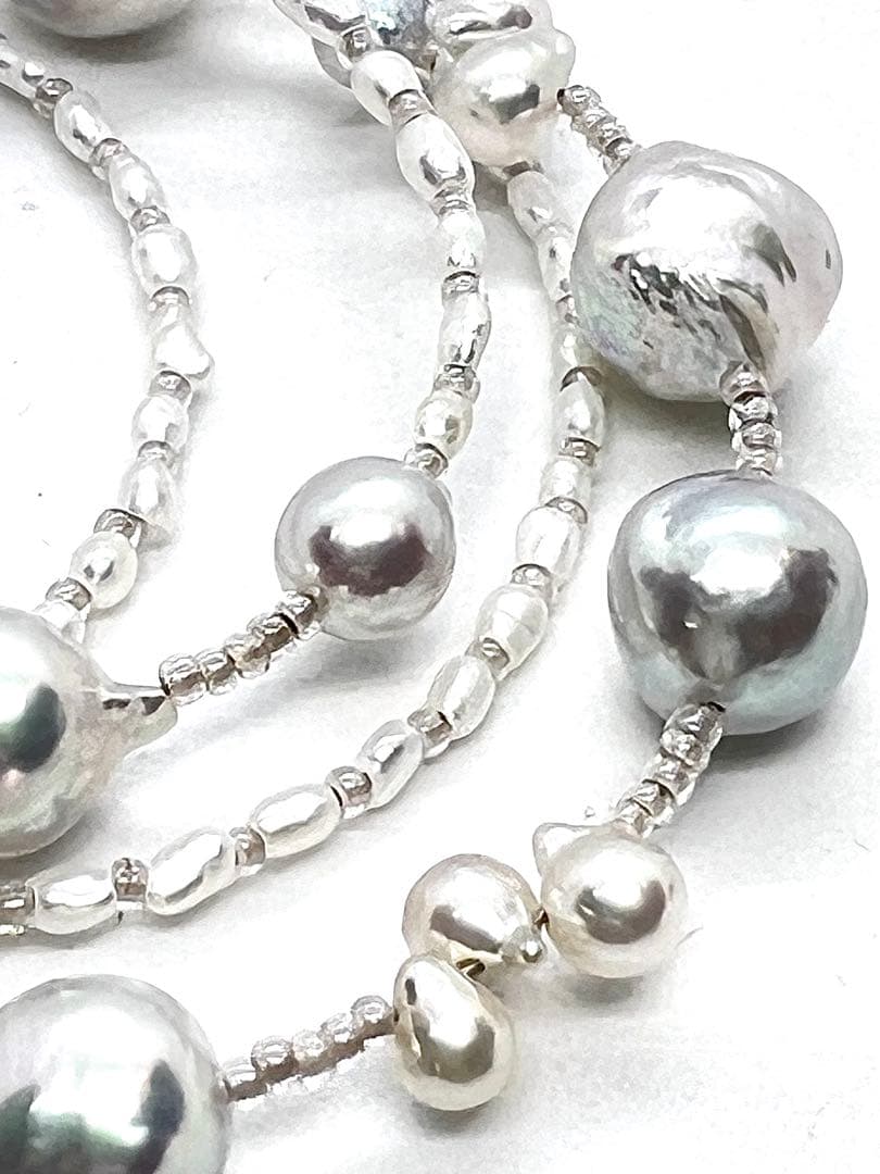 61cm Arare Akoya pearl necklace with natural blue and white Keshi pearls and silver clasp