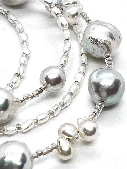 61cm Arare Akoya pearl necklace with natural blue and white Keshi pearls and silver clasp
