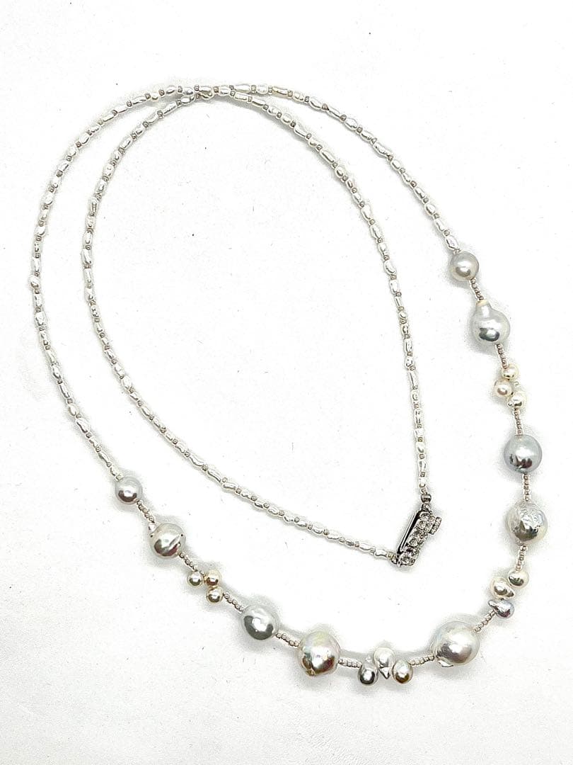 61cm Arare Akoya pearl necklace with natural blue and white Keshi pearls and silver clasp