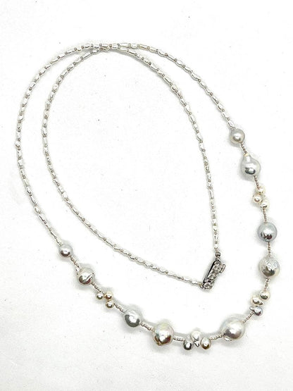 61cm Arare Akoya pearl necklace with natural blue and white Keshi pearls and silver clasp