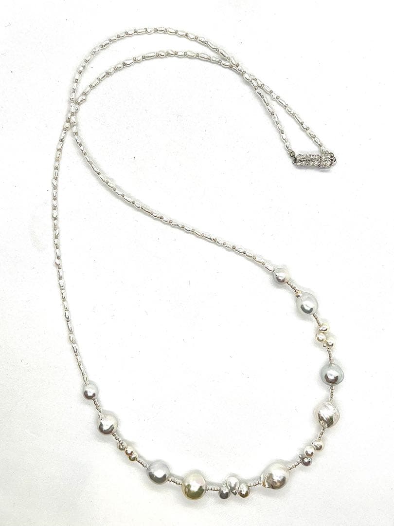 61cm Arare Akoya pearl necklace with natural blue and white Keshi pearls and silver clasp