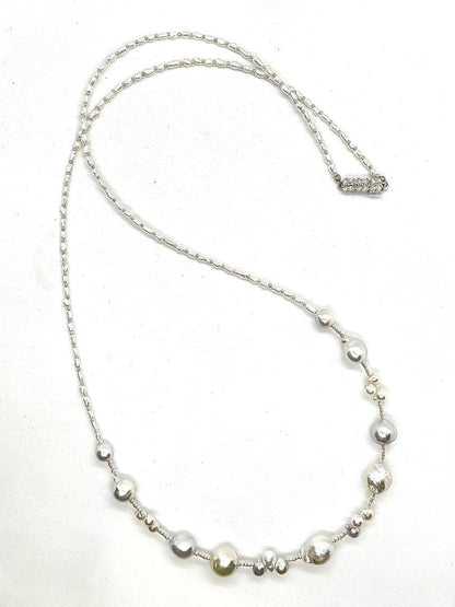 61cm Arare Akoya pearl necklace with natural blue and white Keshi pearls and silver clasp