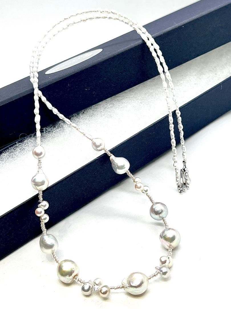 61cm Arare Akoya pearl necklace with natural blue and white Keshi pearls and silver clasp