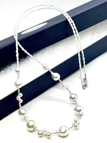 61cm Arare Akoya pearl necklace with natural blue and white Keshi pearls and silver clasp