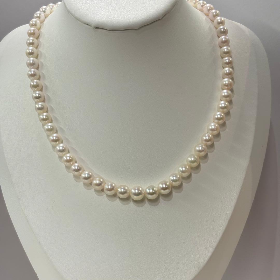Akoya pearl necklace with 6-8.7mm pearls, 43cm length, showcasing lustrous white pearls from Ise-Shima Ebsu Bay